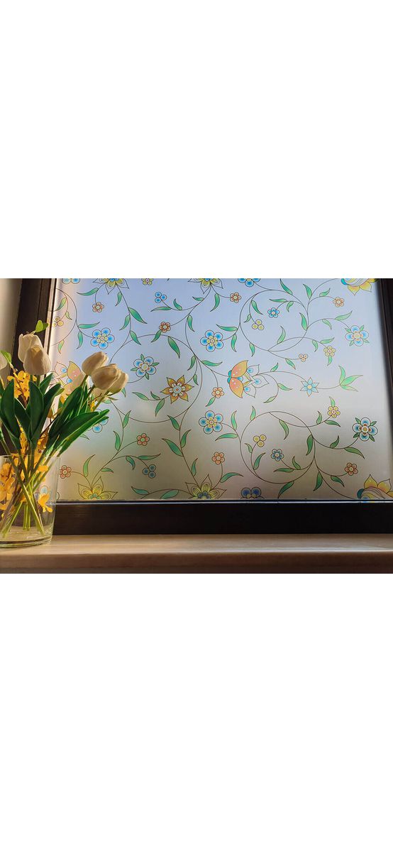 Folie geam autoadezivă Campo, Folina, sablare cu imprimeu floral, multicolor, lățime 100 cm