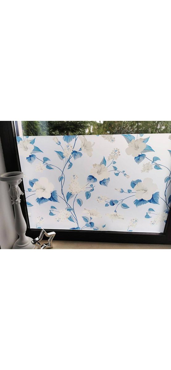 Folie geam autoadezivă, Folina, sablare lăptoasă cu imprimeu floral albastru, 152x200 cm, racletă inclusă