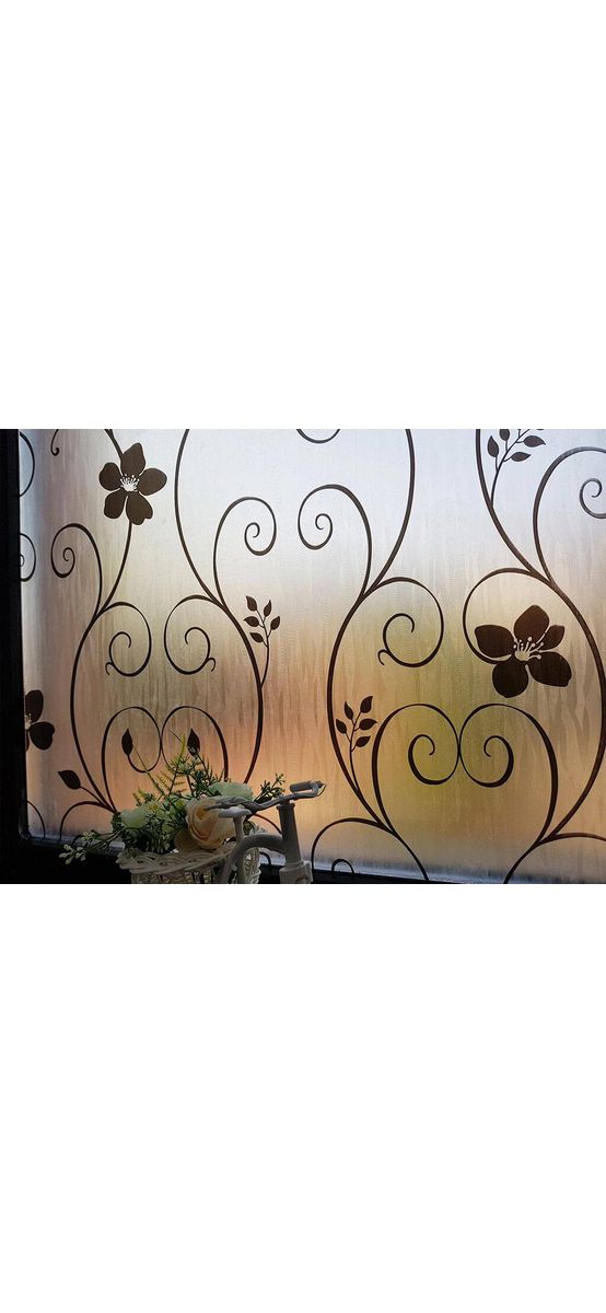 Folie geam autoadezivă, Folina Doris, sablare cu imprimeu floral negru, lățime 90 cm