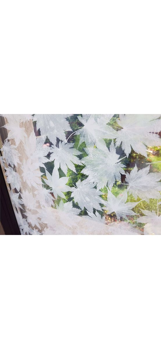 Folie geam autoadezivă, fundal transparent cu frunze albe, Folina, 152 cm lăţime