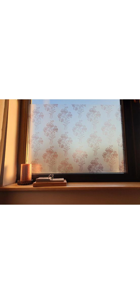 Folie geam autoadezivă Floris, Folina, sablare cu imprimeu floral maro, lățime 100 cm