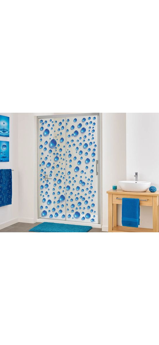 Folie geam autoadezivă Bubble, Folina, sablare cu imprimeu buline albastre, rolă de 100x250 cm