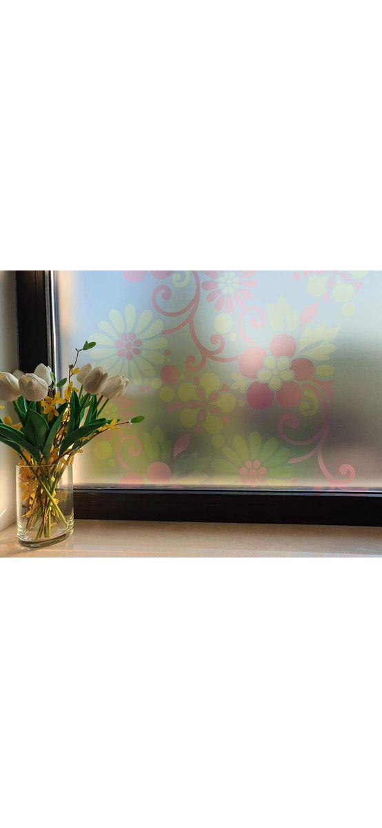 Folie geam autoadezivă Clara, sablare cu imprimeu floral, multicolor, 100x200 cm