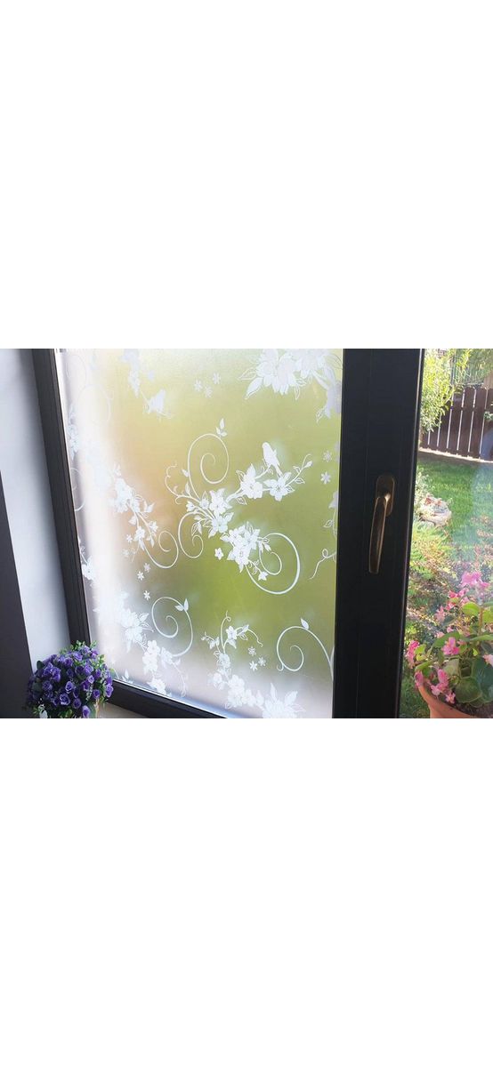 Folie geam autoadezivă, Folina Bird, sablare cu imprimeu floral alb și păsări, 90 cm lățimea rolei