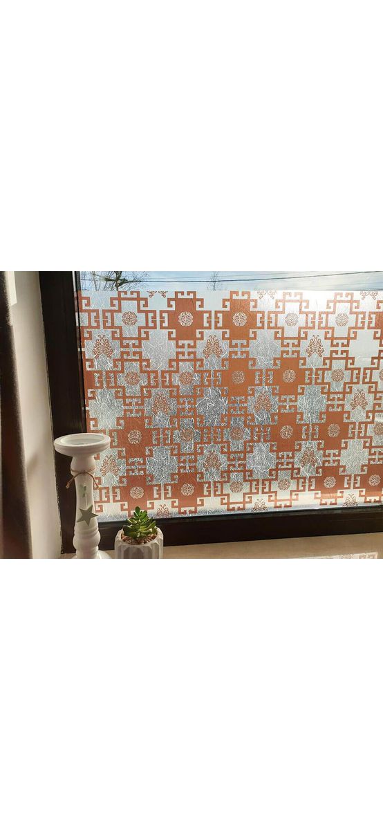 Folie geam autoadezivă, Folina Erra Brown, sablare cu model geometric maro, 90 cm lăţime