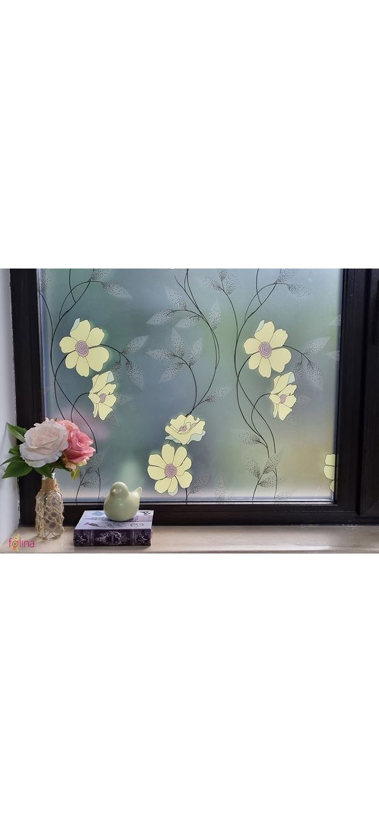 Folie geam autoadezivă, Folina, sablare cu model floral galben, 90 cm