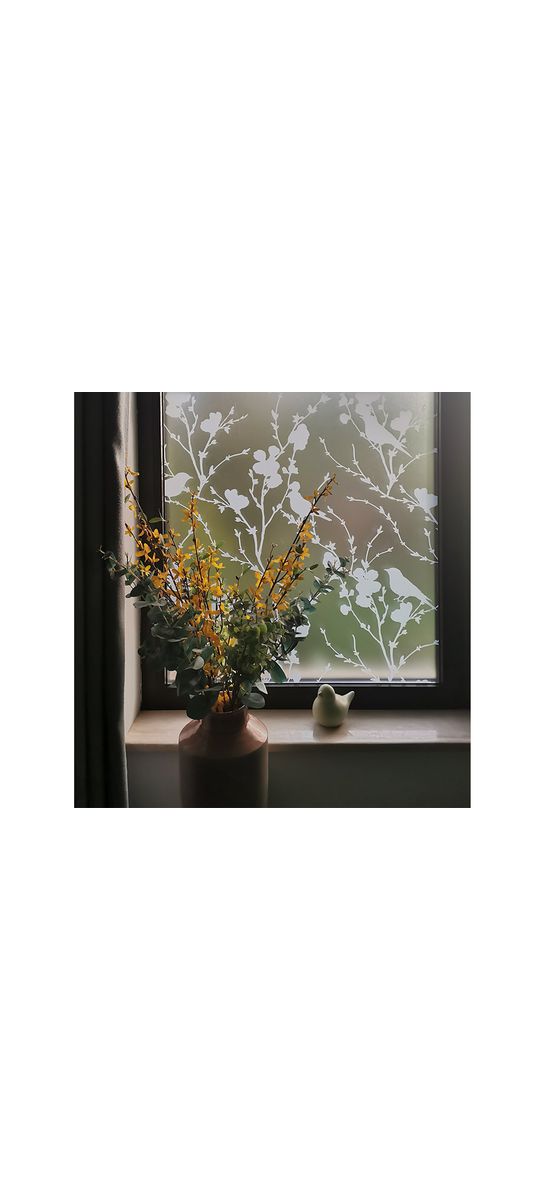 Folie geam autoadezivă, Folina Veneciano White, sablare cu crengi şi păsări, model alb, 100 cm latime
