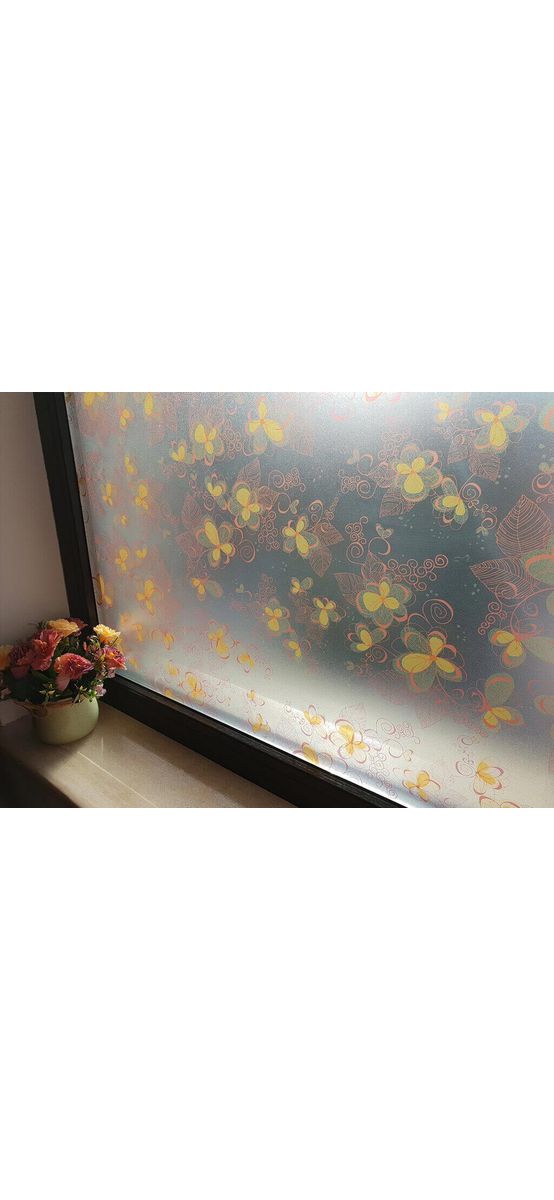 Folie geam autoadezivă, Folina Eva, sablare cu imprimeu floral portocaliu şi mov, lățime 90 cm