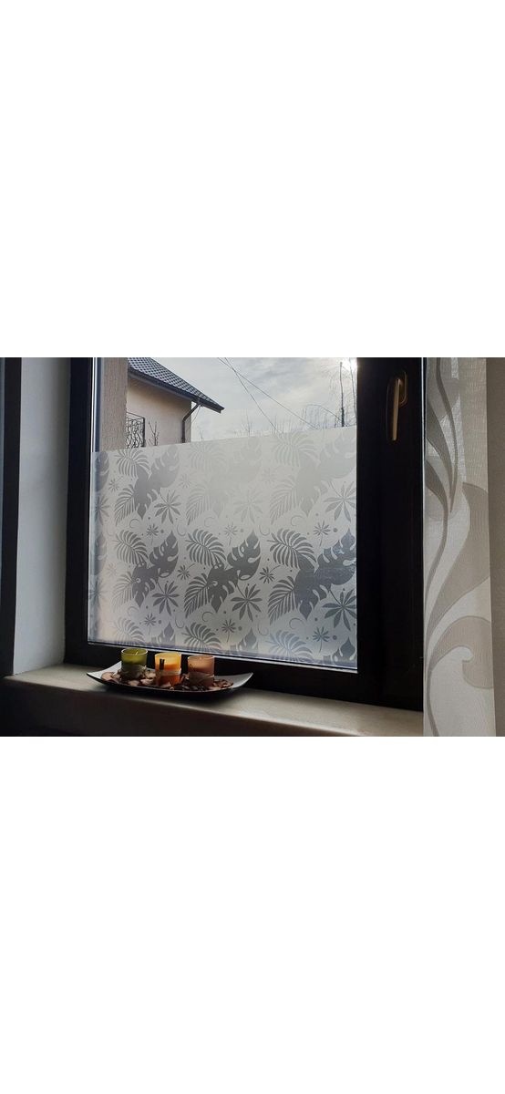Folie geam autoadezivă Mirena, Folina, model tropical gri, 100 cm lăţime