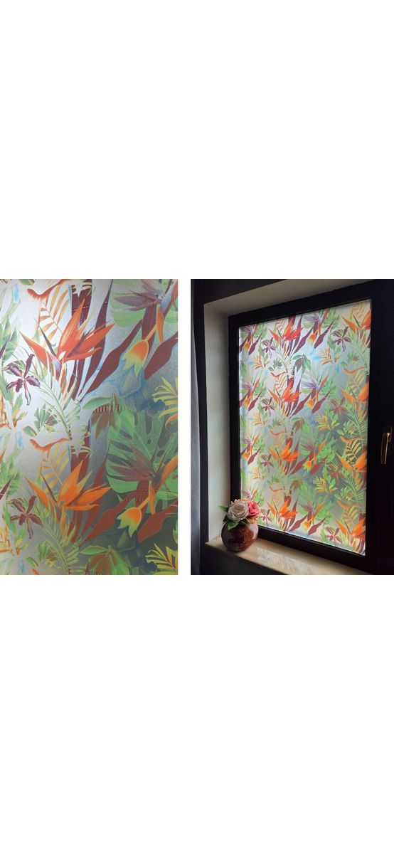 Folie autoadezivă decorativă pentru geam, sablare cu model tropical floral – 90 cm lățime, la metru liniar
