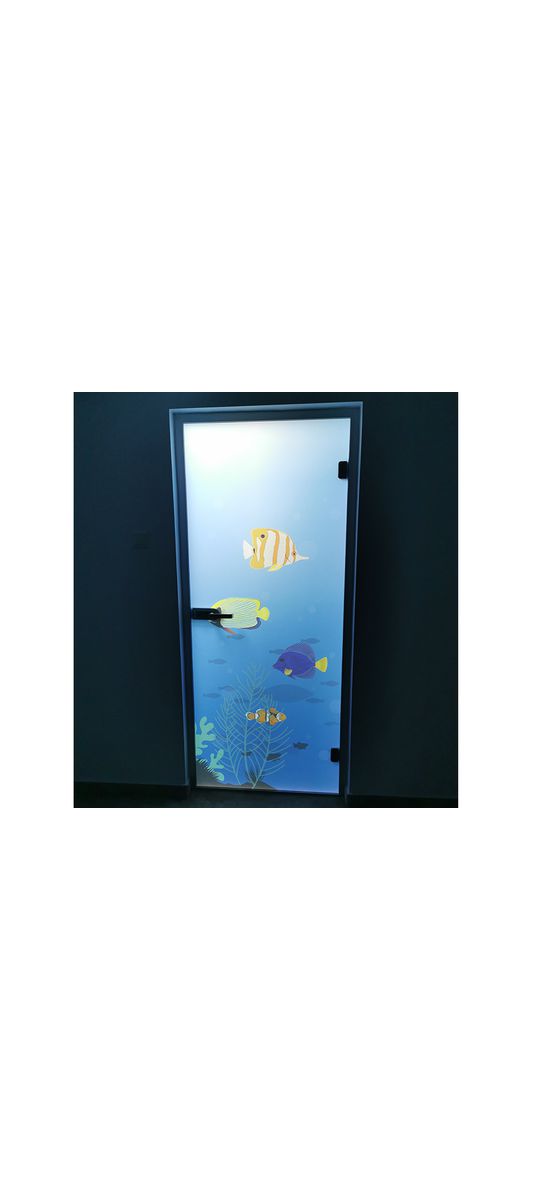 Folie geam cabină duş, Folina, sablare albastră cu  peisaj marin, autoadezivă, rolă de 100x210 cm