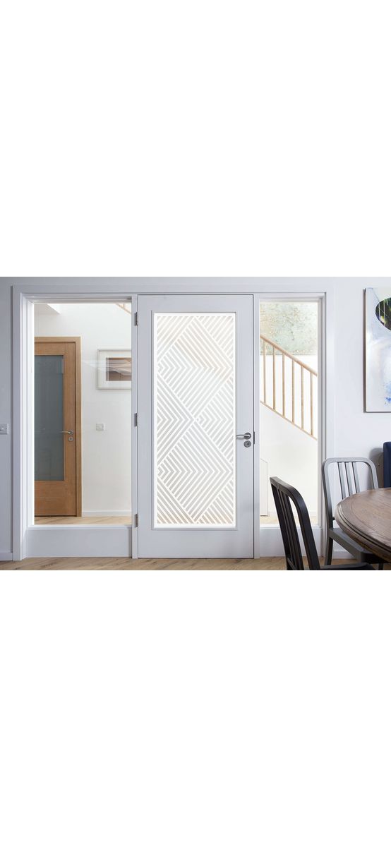 Folie sablare uşă din sticlă, Folina, model geometric cu romburi și linii albe, rolă de 100x210 cm, cu racletă aplicare şi cutter incluse