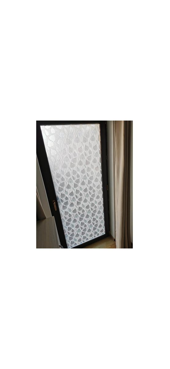 Folie geam autoadezivă, Folina, sablare cu model frunze gri şi bleu, lățime 90 cm