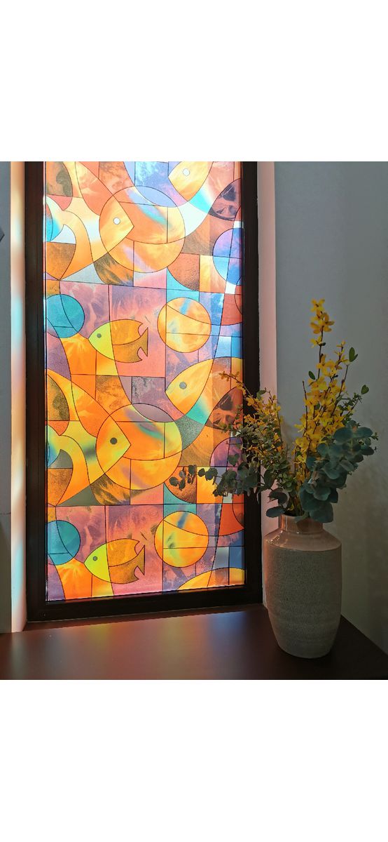 Folie geam autoadezivă, Folina Barcelona, sablare tip vitraliu colorat, 90 cm
