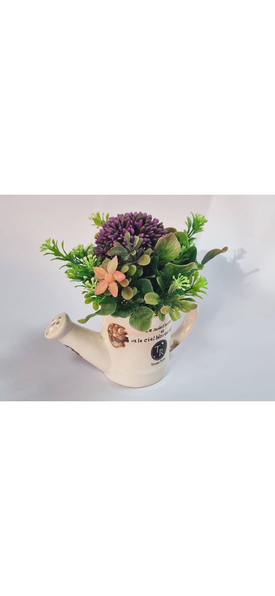 Flori artificiale mov, Folina, aranjament în stropitoare din ceramică albă, 12 cm înălţime