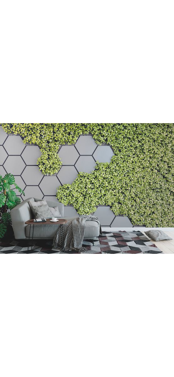 Fototapet 3D Green Vertical Garden, hexagoane gri si plante verzi, 400x260 cm