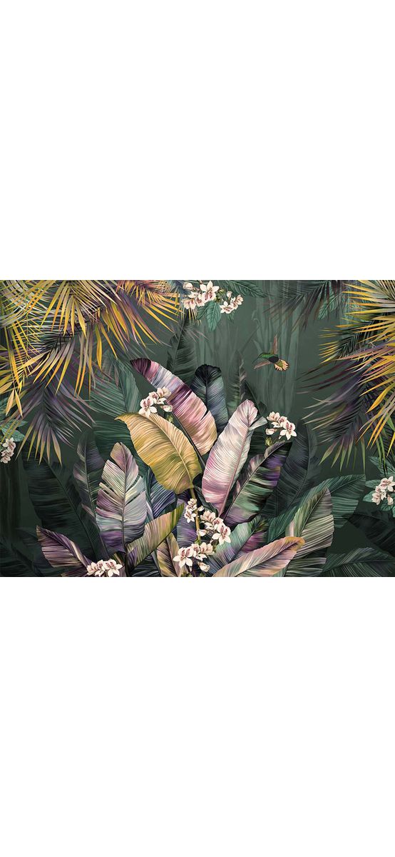 Tapet baie Tropical Splendor, cu frunze exotice colorate, material Brush cu Water System rezistent la apă
