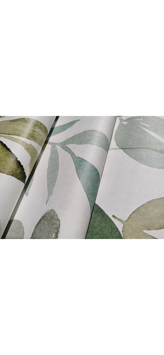 Fototapet floral Breeze, Komar, alb cu frunze stilizate în nuanţe de verde, 350x250 cm