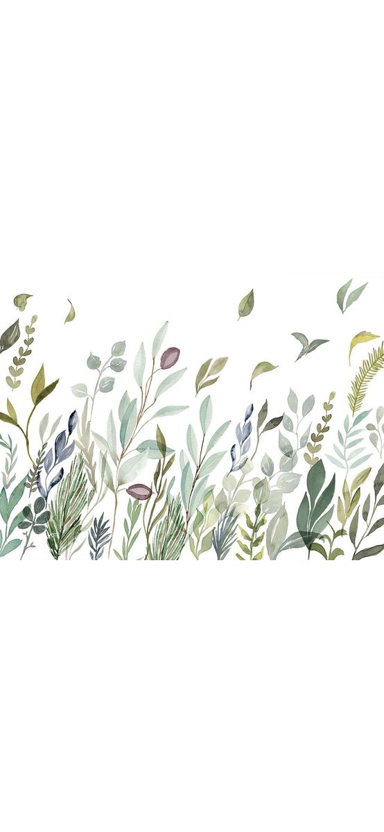 Fototapet floral Breeze, Komar, alb cu frunze stilizate în nuanţe de verde, 350x250 cm