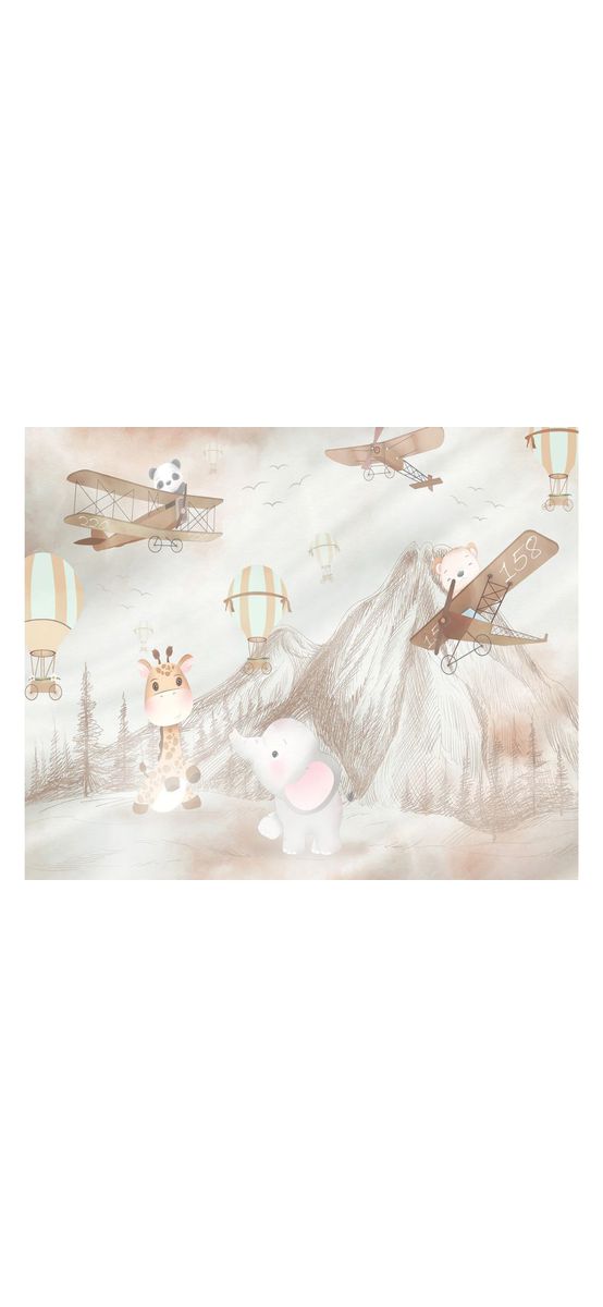 Fototapet copii cu animale, avioane, munți și baloane – design pastel, vlies, dimensiuni personalizabile