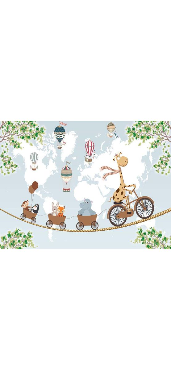 Fototapet copii girafă pe bicicletă și animale în vagoane – design animat și vesel, fundal harta lumii, vlies cu dimensiuni personalizabile