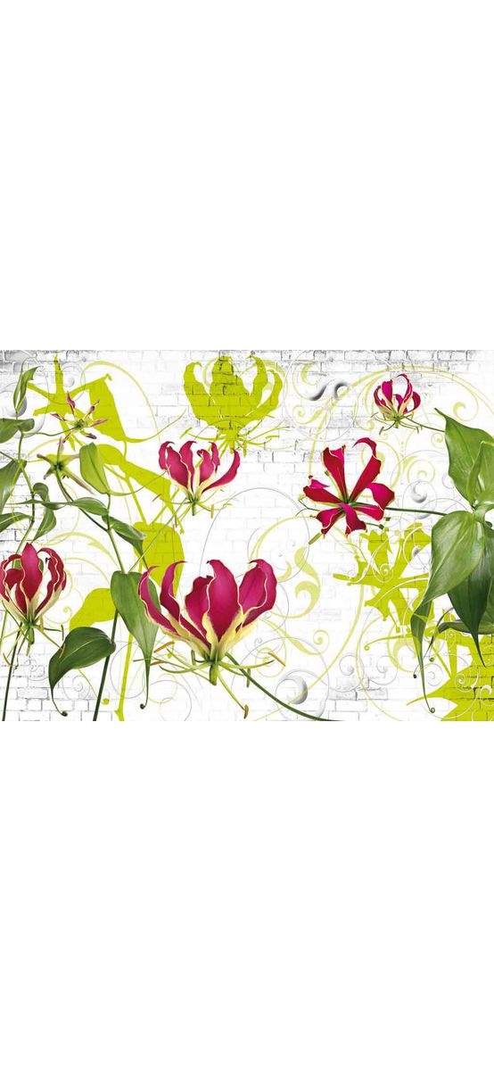 Fototapet floral Komar Gloriosa, crini pe un fundal ce imită un zid din cărămidă, dimensiuni 368x254 cm