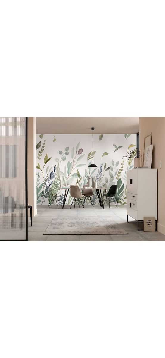 Fototapet floral Breeze, Komar, alb cu frunze stilizate în nuanţe de verde, 350x250 cm