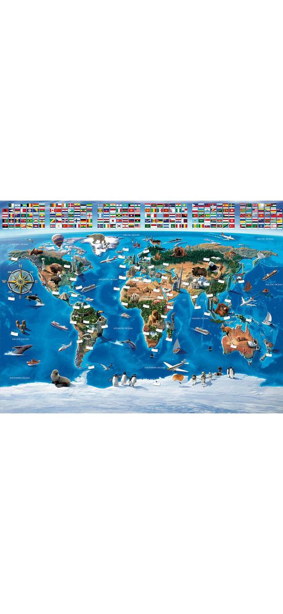 Fototapet Harta lumii cu steaguri, Walltastic, decorațiune multicoloră, dimensiune fototapet 305x244 cm