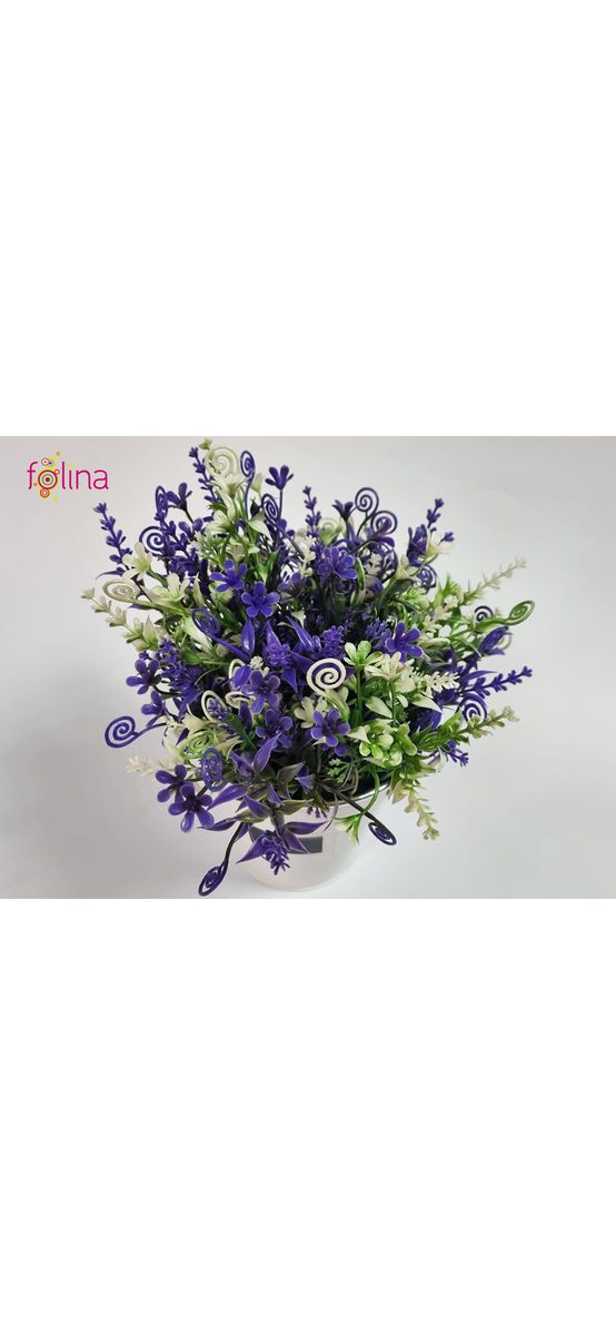 Găletuşă metalică albă, Folina, cu flori artificiale mov şi albe, 20 cm