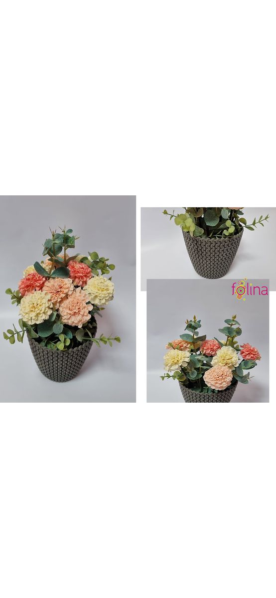 Ghiveci gri cu flori artificiale crem şi roz pal, 20 cm