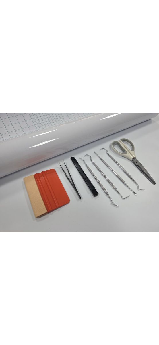 Kit realizare și aplicare stickere DIY – folie transfer 60x500 cm + racletă, cutter, foarfece, pensetă, 4 instrumente decolantare