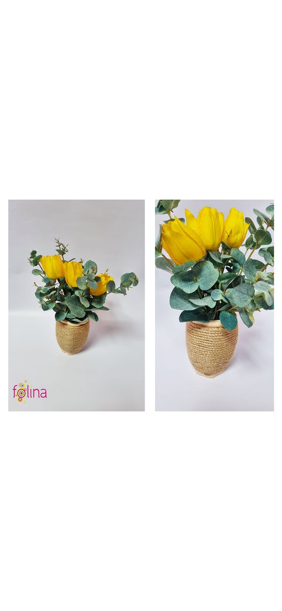 Decoraţiune cu lalele galbene, flori artificiale în vas ceramic decorat cu sfoară, 30 cm înălţime