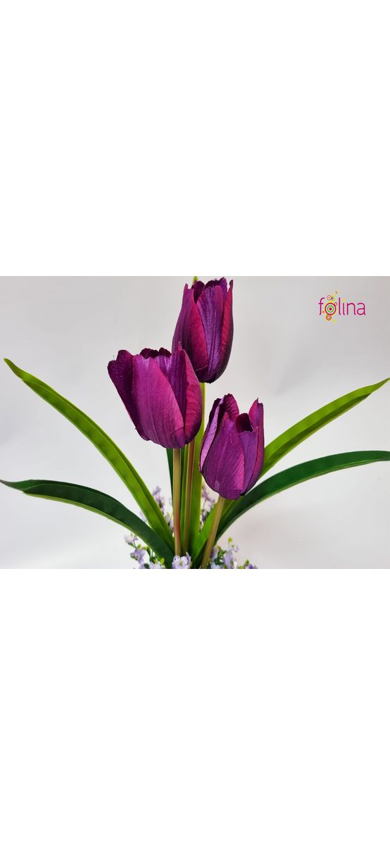 Decoraţiune cu lalele artificiale mov în vas ceramic maro