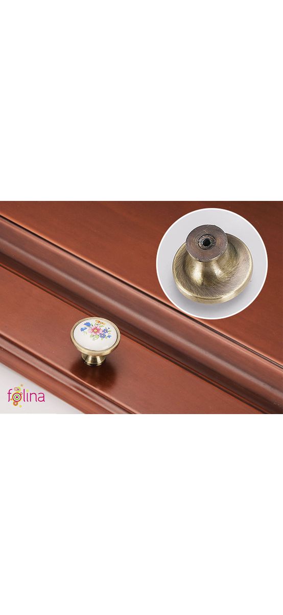 Mâner mobilă metalic, Folina 6256, buton alb cu model floral