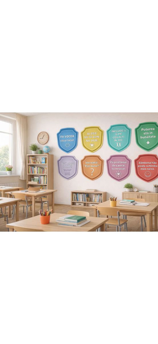 Set 8 stickere educative cu mesaje, Eroii prieteniei, pentru decor sală de clasă