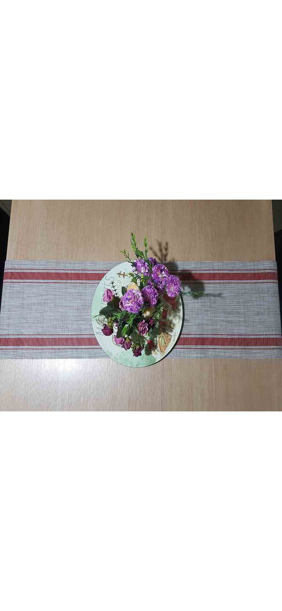 Napron masă Dora, Folina, din pvc gri cu dungi roșii, 30 x 135 cm