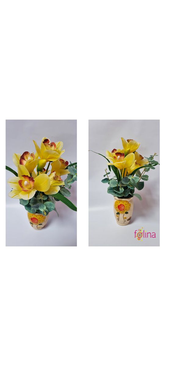 Orhidee artificială galbenă, în vas ceramic, 35 cm înălţime