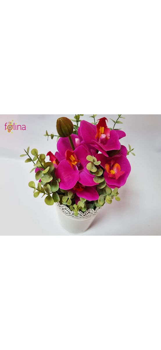 Orhidee artificială roz magenta, aranjament în vas metalic alb, 30 cm înălţime