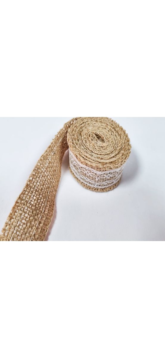 Bandă iută natur cu dantelă albă, rolă de 3x200 cm