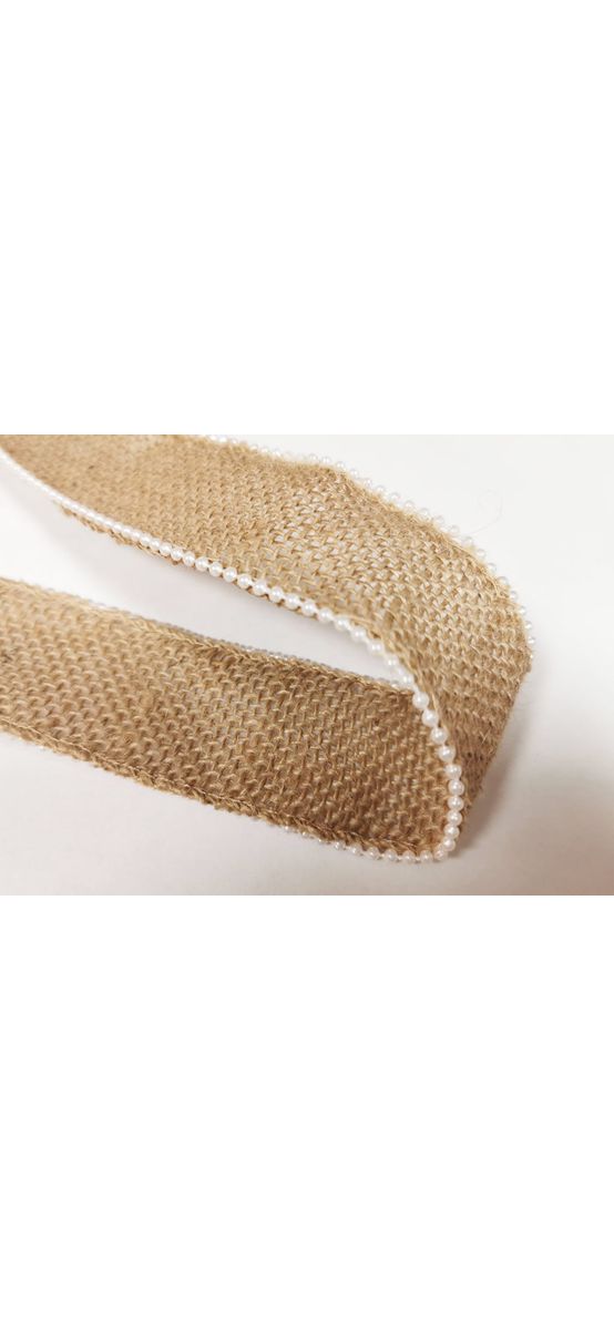 Bandă iută natur cu mărgele albe, rolă de 4 cm x 5 metri