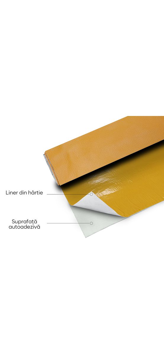 Piele ecologică autoadezivă culoare galben narcisă, aspect natural, moale și flexibilă, grosime 0,8 mm, lățime 137 cm