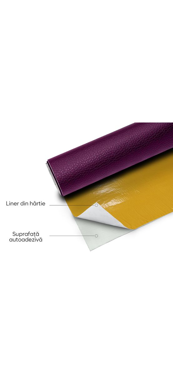 Piele ecologică autoadezivă culoare mov, aspect natural, moale și flexibilă, grosime 0,8 mm, lățime 137 cm