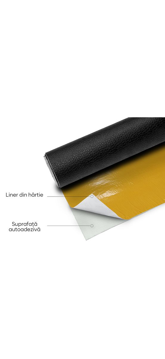 Piele ecologică autoadezivă neagră, aspect natural, moale și flexibilă, grosime 0,8 mm, lățime 140 cm