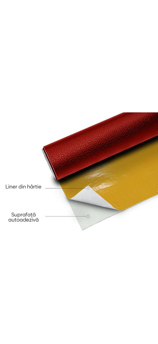 Piele ecologică autoadezivă culoare roșie, aspect natural, moale și flexibilă, grosime 0,8 mm, lățime 137 cm