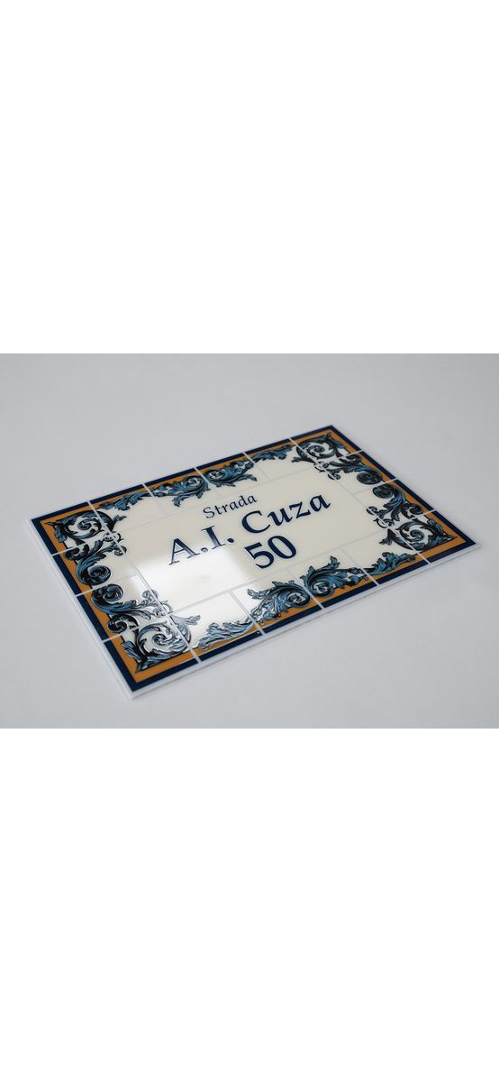Placuță cu număr și adresă casă, model azulejos Lisabona, printare UV și text personalizat, 15x22 cm, bandă dublu adezivă inclusă
