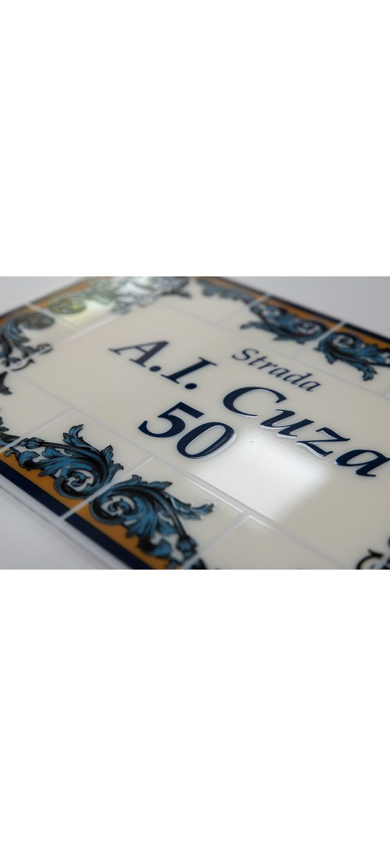 Placuță cu număr și adresă casă, model azulejos Lisabona, printare UV și text personalizat, 15x22 cm, bandă dublu adezivă inclusă