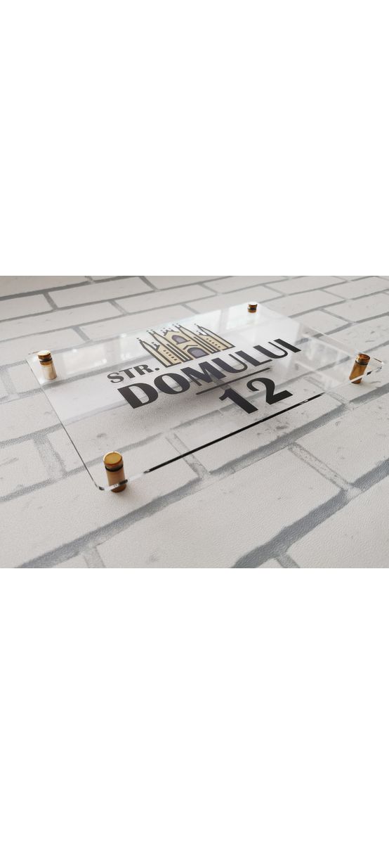 Plăcuţă adresă, din plexiglass transparent și scris din vinil, cu text personalizat