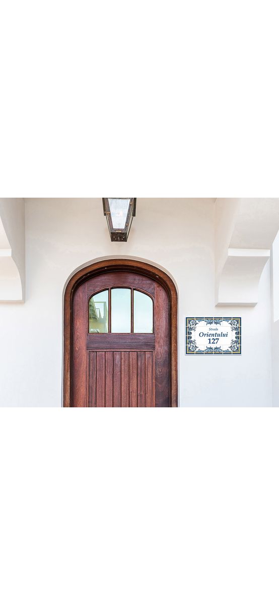 Placuță cu număr și adresă casă, model azulejos Lisabona, printare UV și text personalizat, 15x22 cm, bandă dublu adezivă inclusă