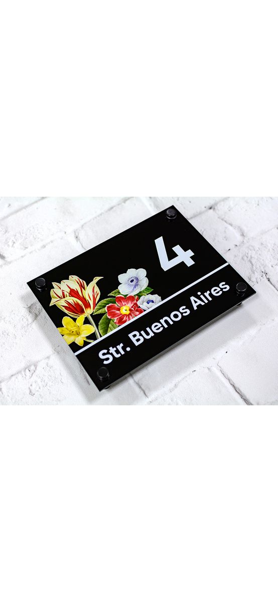 Plăcuță adresă model buchet de flori, printare UV, cu text personalizat, sistem de fixare inclus