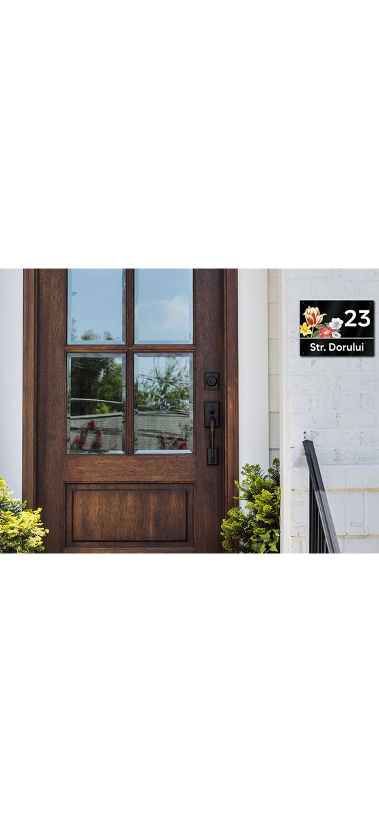 Plăcuță adresă model buchet de flori, printare UV, cu text personalizat, sistem de fixare inclus